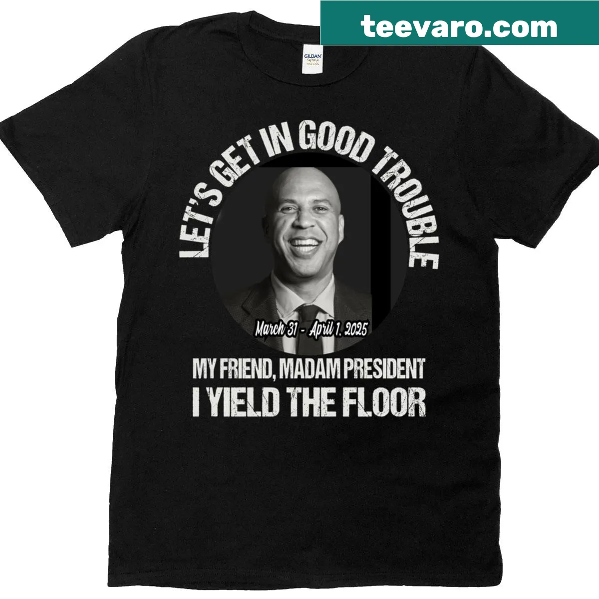 Essential t-shirt with 'Lets Get In Good Necessary Trouble' text — on a men's t-shirt
