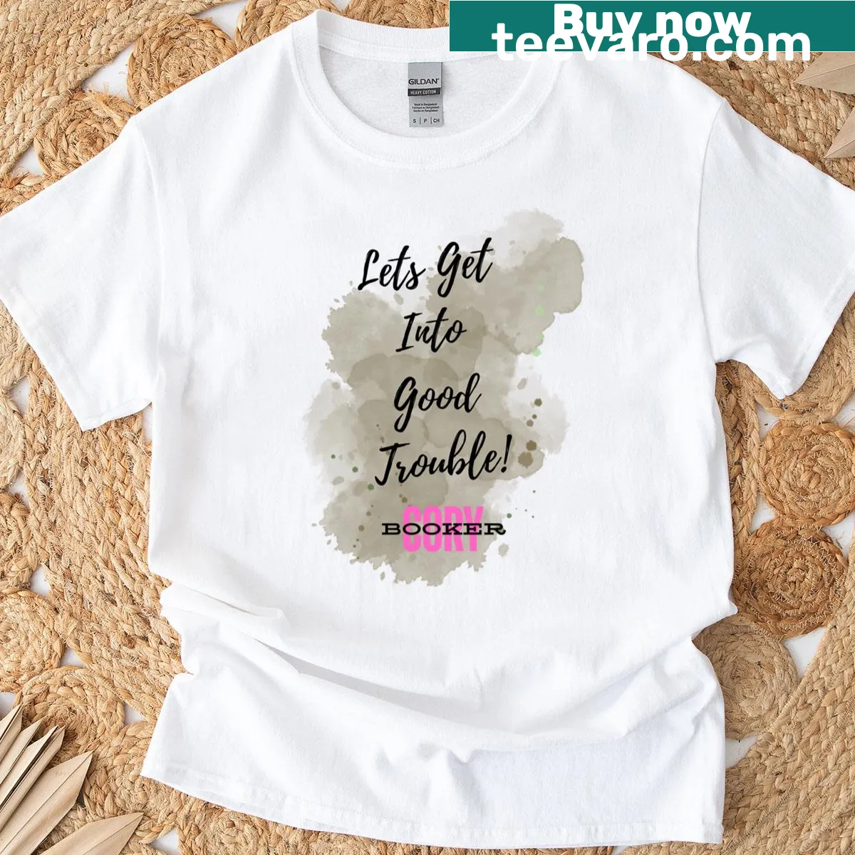 Sticker-style graphic featuring Cory Booker on a classic t-shirt — on a men's t-shirt
