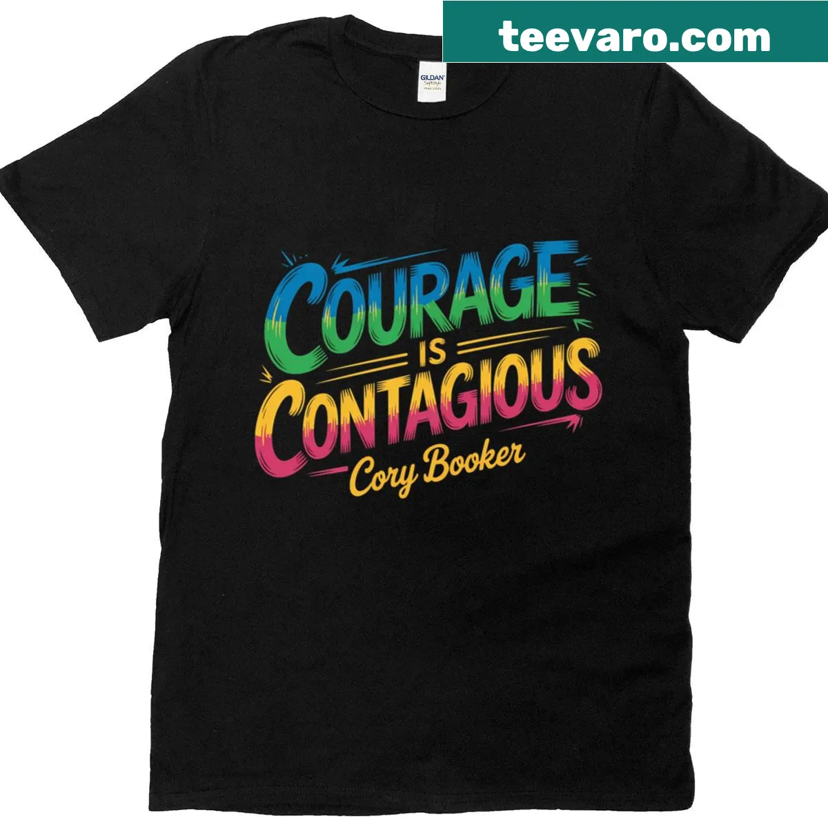 Essential t-shirt with 'Courage Is Contagious' text — on a men's t-shirt
