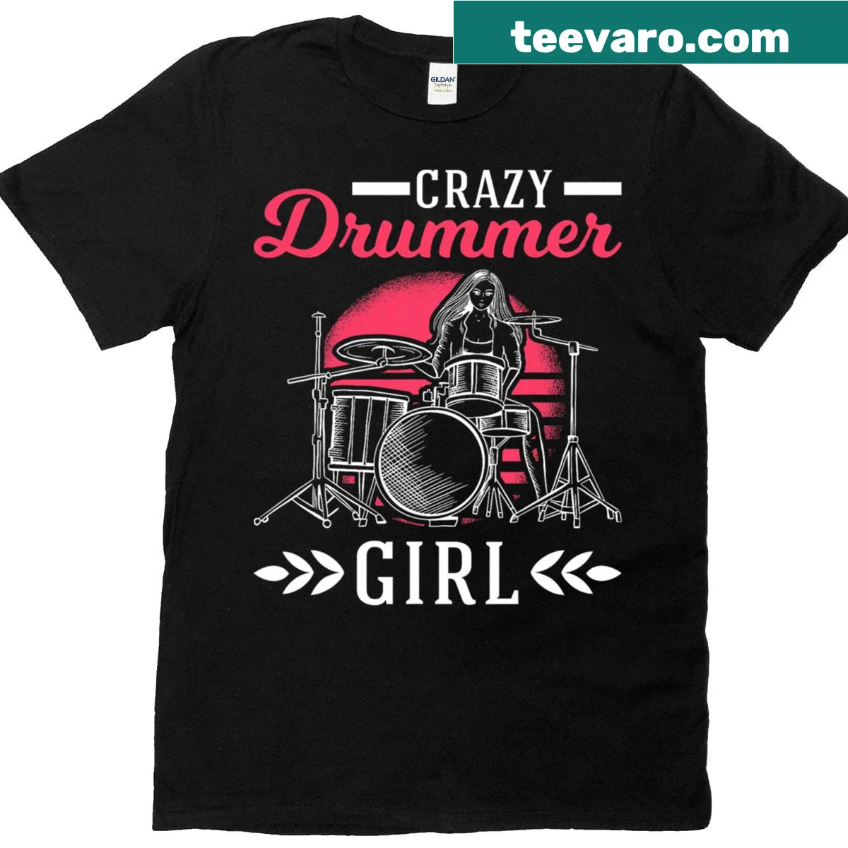 Illustrated T-shirt celebrating female drummers with playful graphics — on a men's t-shirt