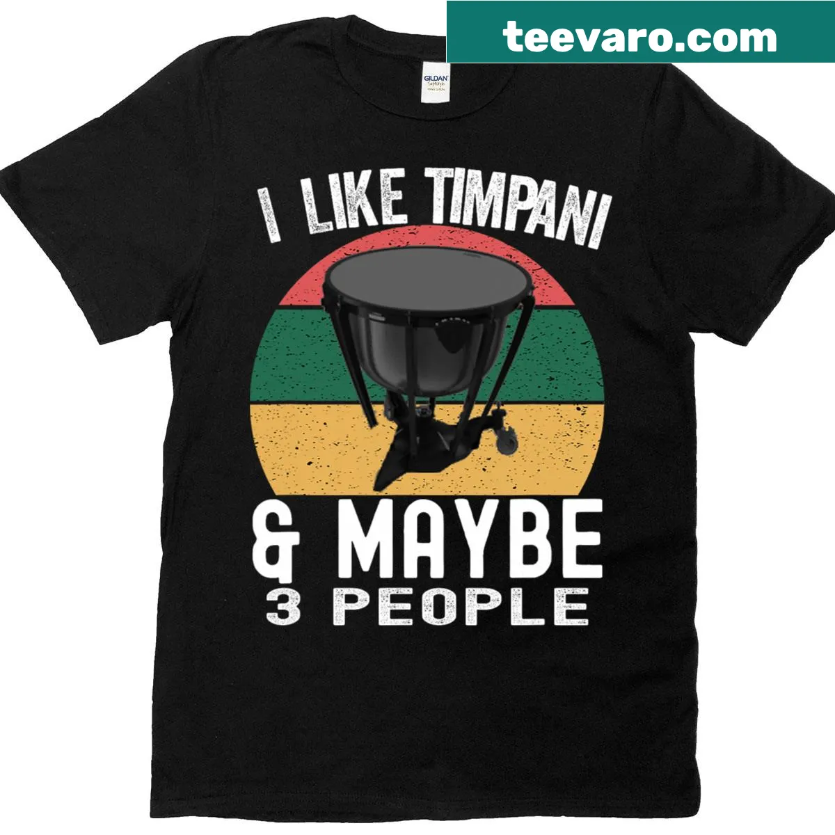 T-shirt featuring a distressed sunset design with timpani instruments — on a men's t-shirt