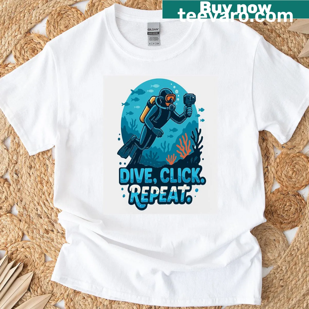 Travel-themed tee with 'Dive Click Repeat' typography design — on a men's t-shirt