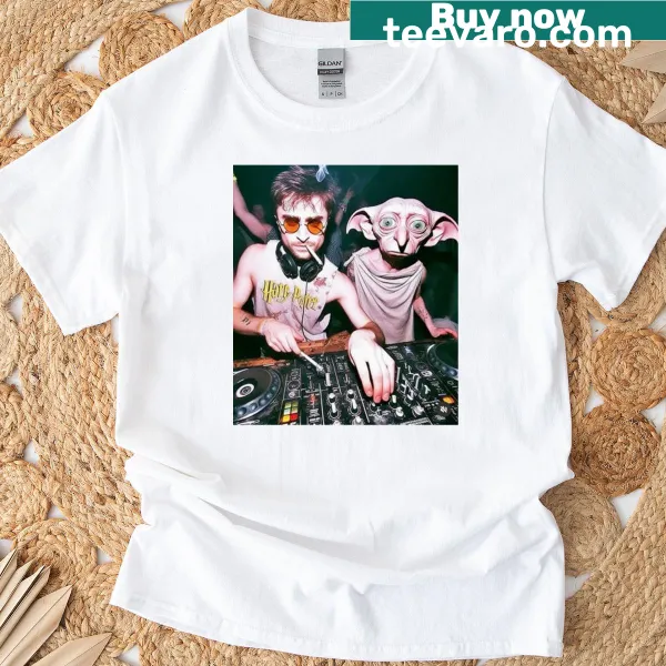 Vintage-style DJ Harry and Dobby graphic on a t-shirt