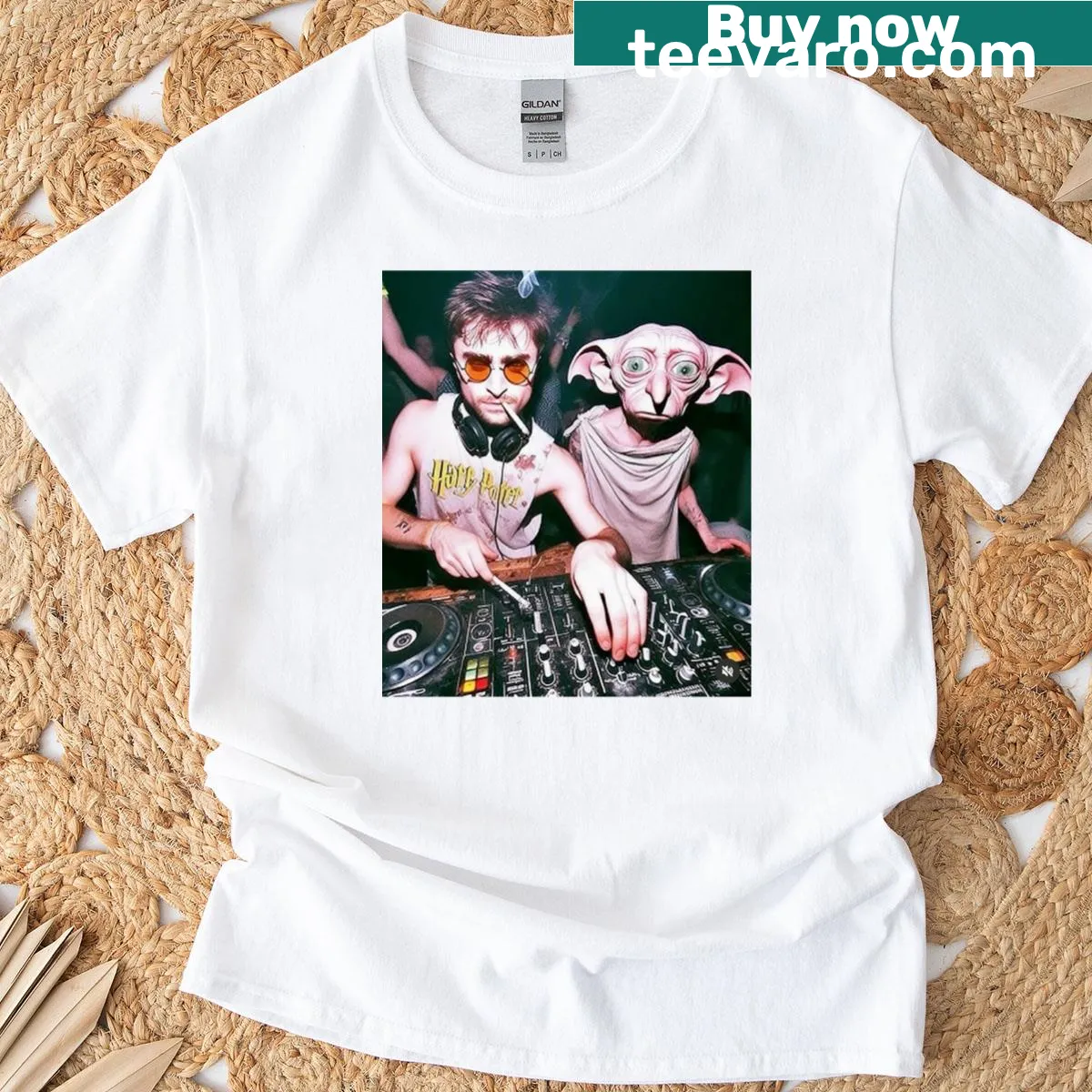 Vintage-style DJ Harry and Dobby graphic on a t-shirt — on a men's t-shirt