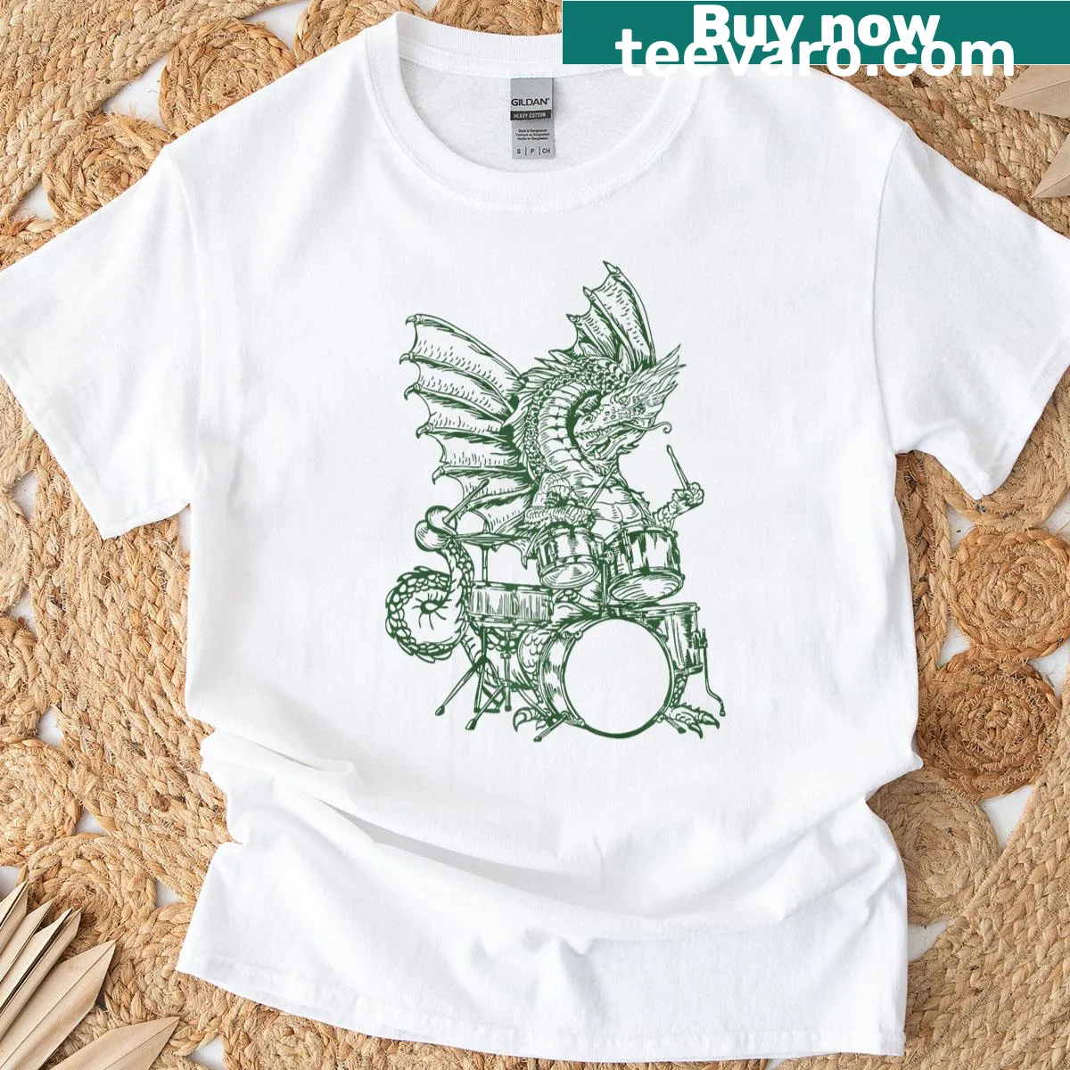 Cartoon dragon playing drums in a humorous design — on a men's t-shirt