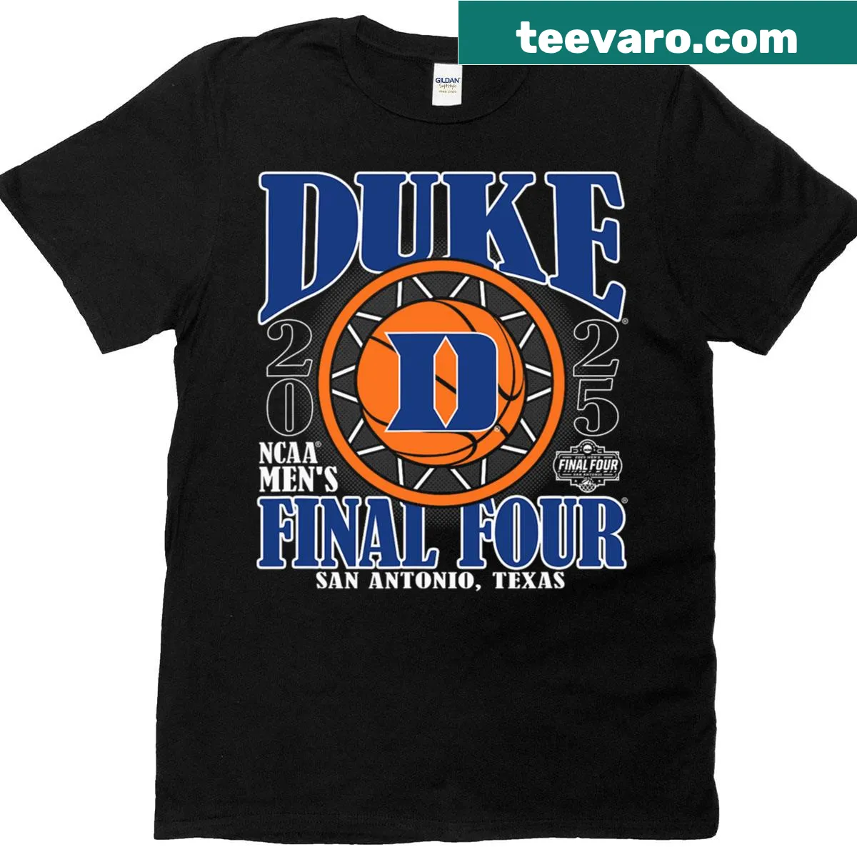 Black Duke Blue Devils Final Four T-shirt with a basketball dunk graphic — on a men's t-shirt