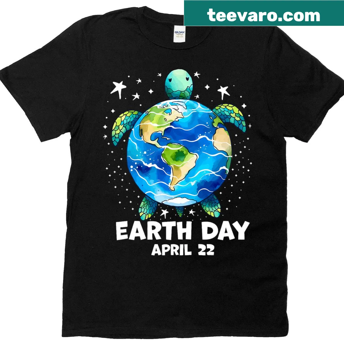 Illustrated T-shirt with sea turtle art promoting Earth Day — on a men's t-shirt