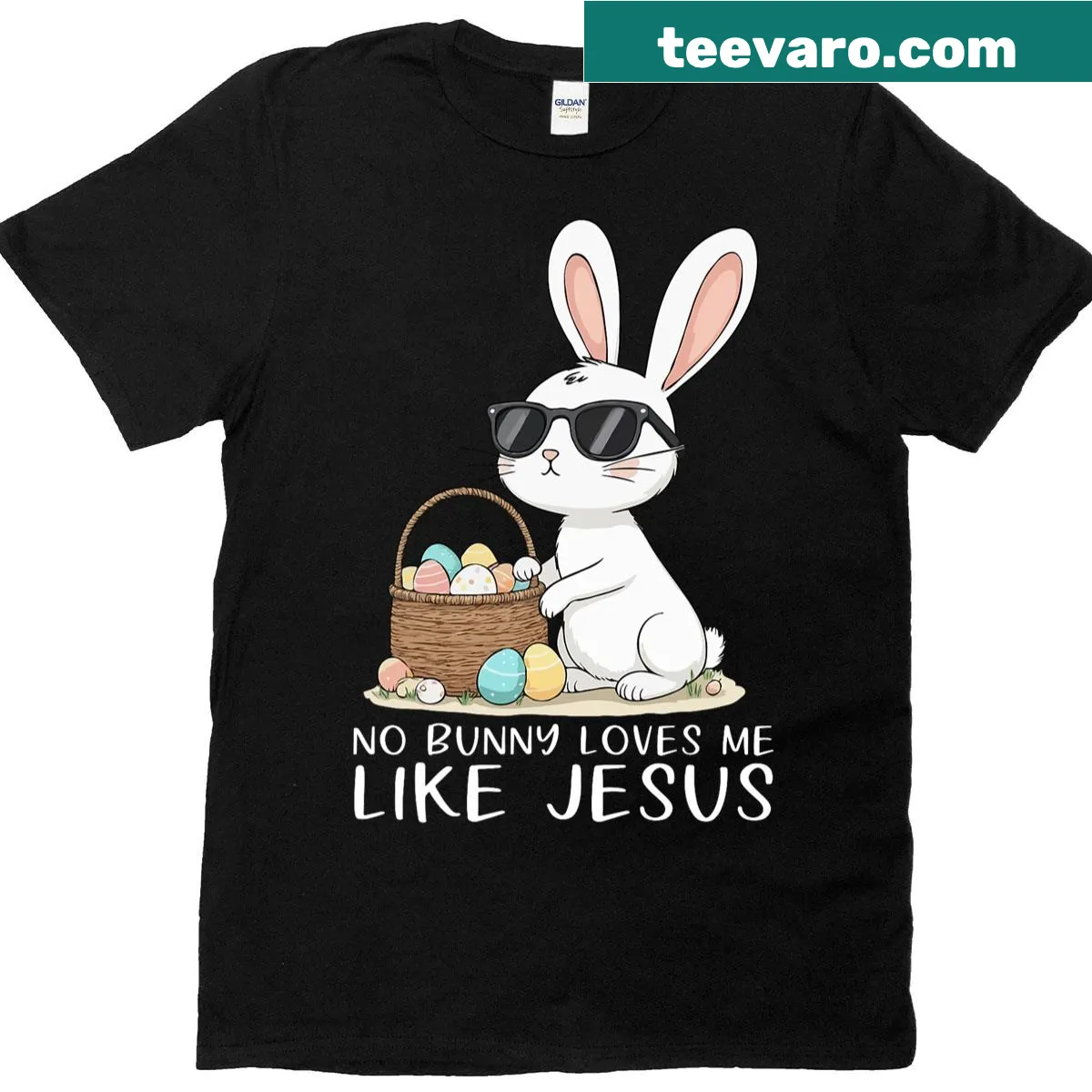 Easter T-shirt with the message 'No Bunny Loves Me Like Jesus' in playful typography — on a men's t-shirt