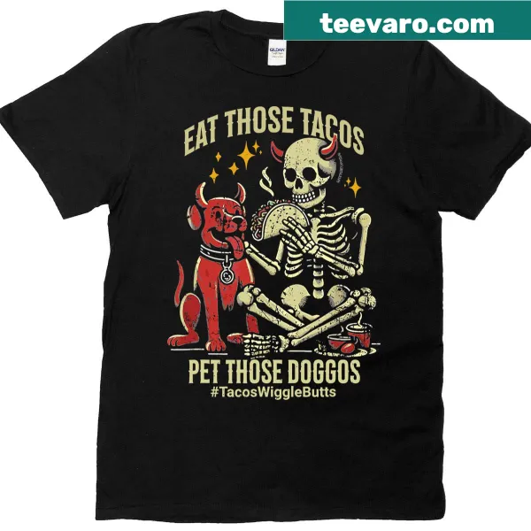Funny skeleton dog t-shirt with taco graphics and humorous text
