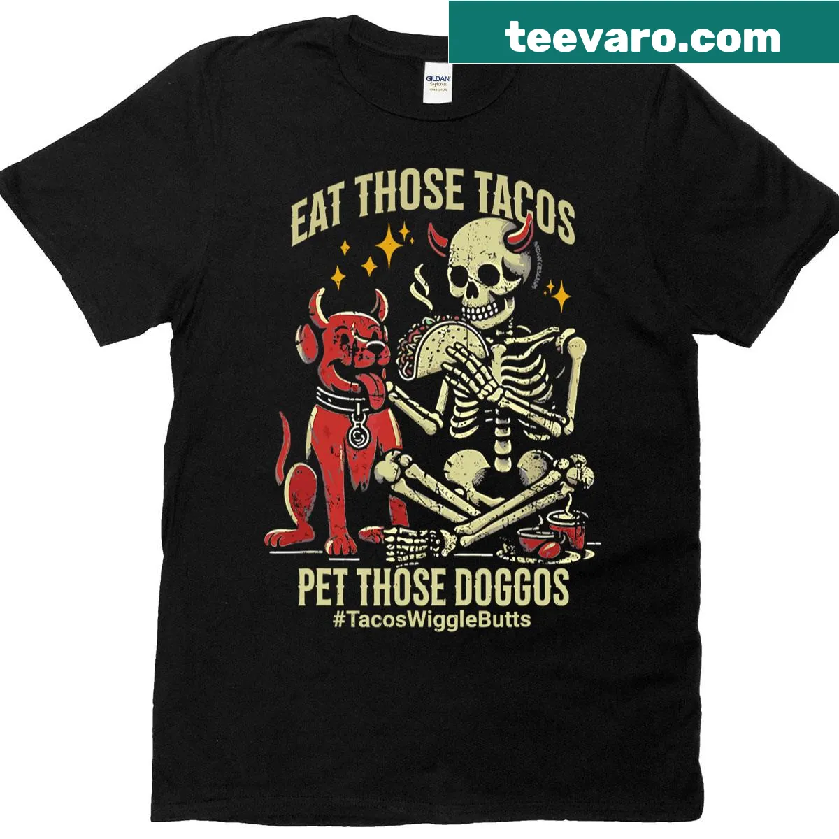 Funny skeleton dog t-shirt with taco graphics and humorous text — on a men's t-shirt