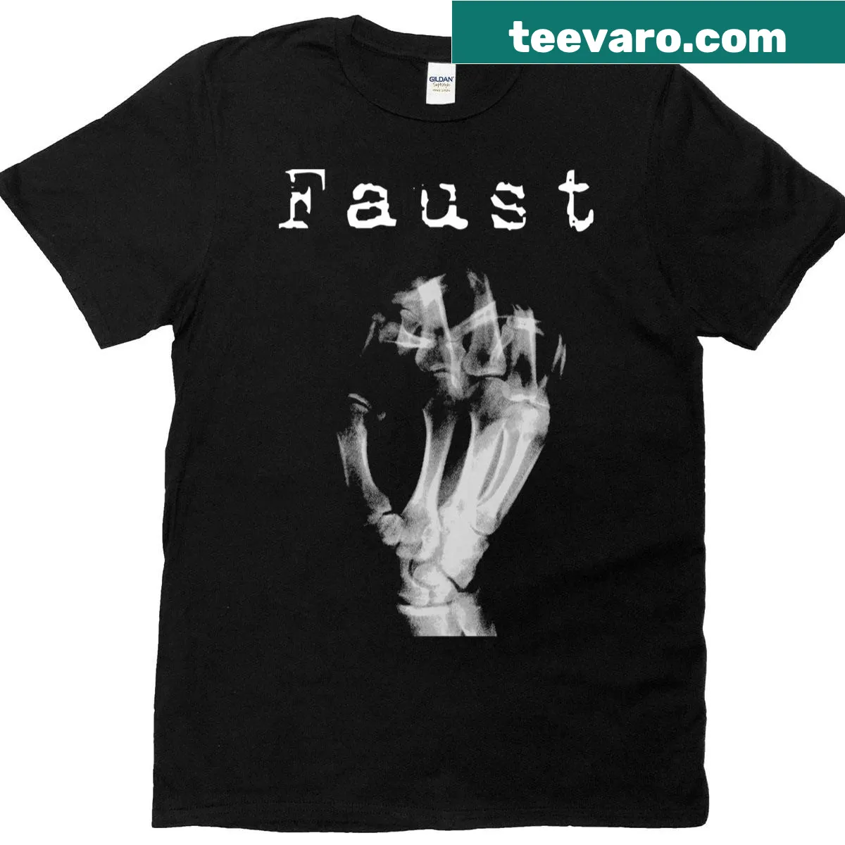 Vintage Faust Krautrock Fist graphic T-shirt — on a men's t-shirt