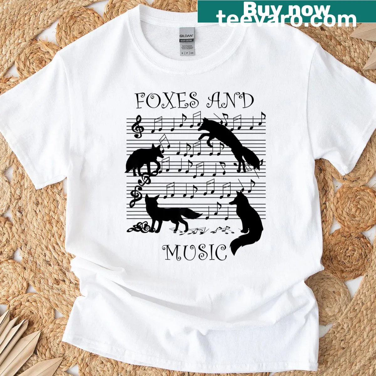 Illustration of a piano fox surrounded by music notes on a premium t-shirt — on a men's t-shirt