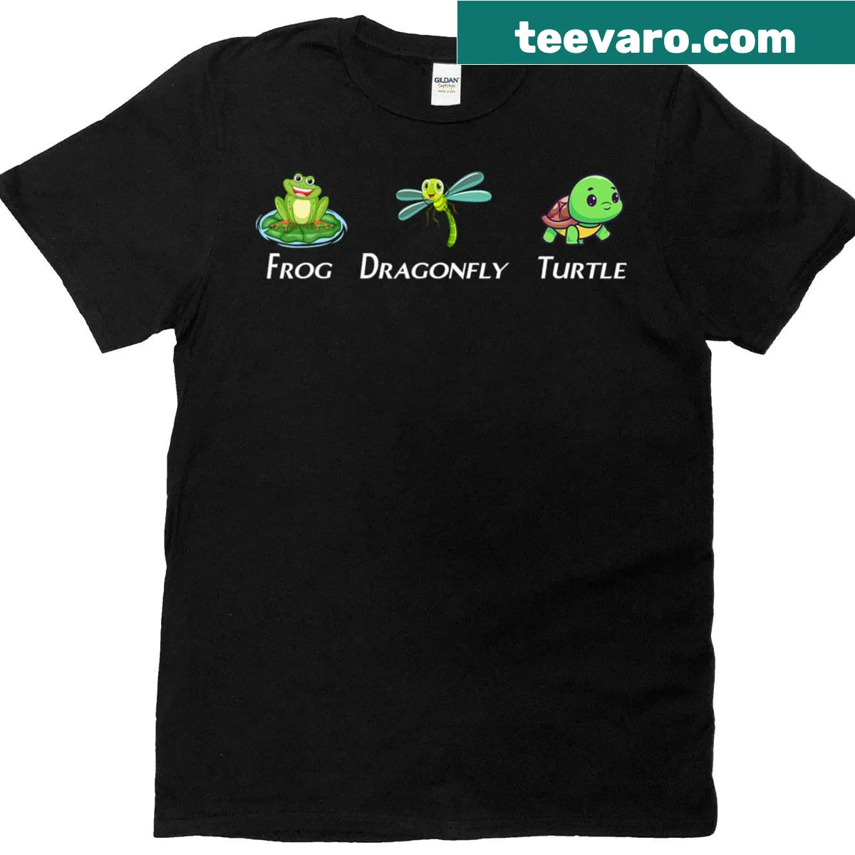 Cute nature illustration featuring a frog, dragonfly, and turtle for kids — on a men's t-shirt