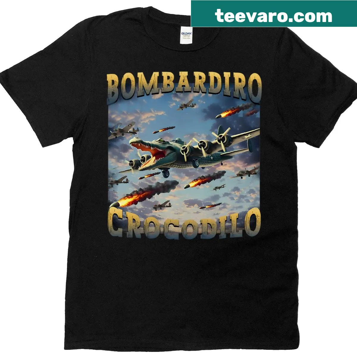 Cartoon T-shirt featuring a meme-inspired crocodile design — on a men's t-shirt