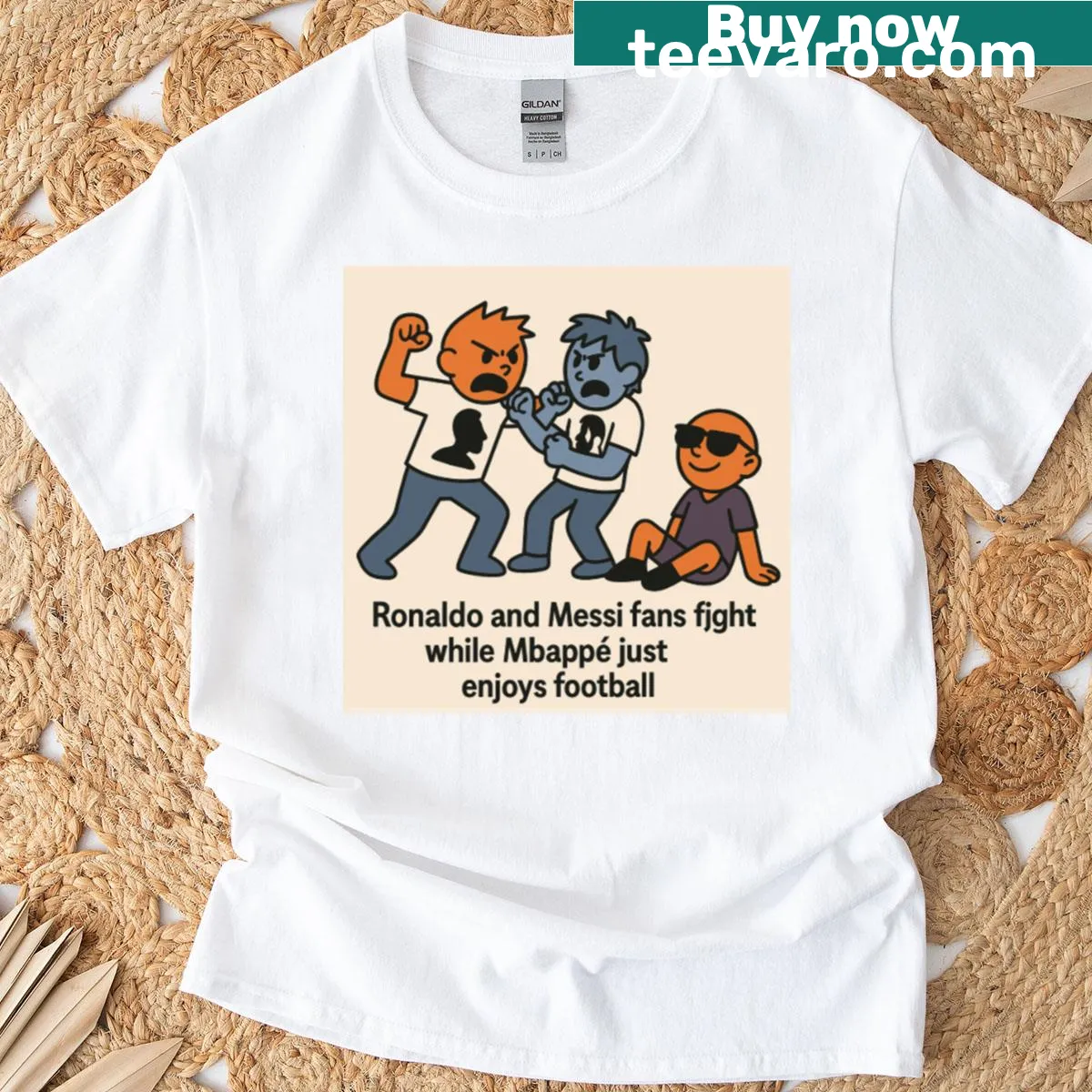 Humorous T-shirt illustrating the football GOAT debate among fans — on a men's t-shirt