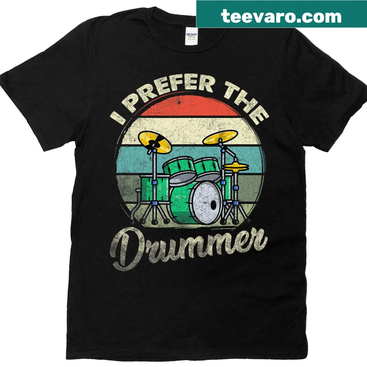 Vintage style drum player graphic on a humorous rock music shirt — on a men's t-shirt