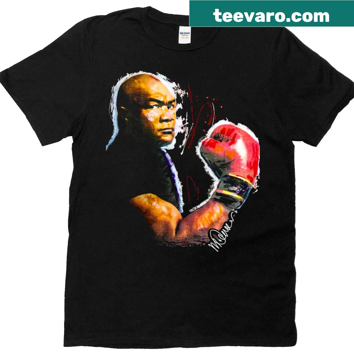 Boxing T-shirt featuring artwork of George Foreman, the iconic champion. — on a men's t-shirt