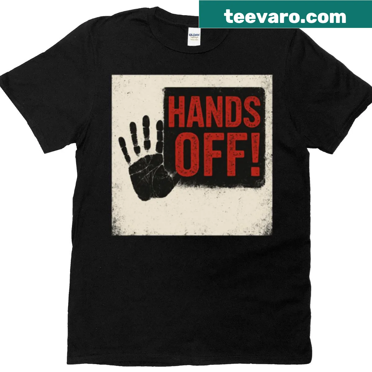 Bold text "Hands Off" for consent awareness on classic tee — on a men's t-shirt