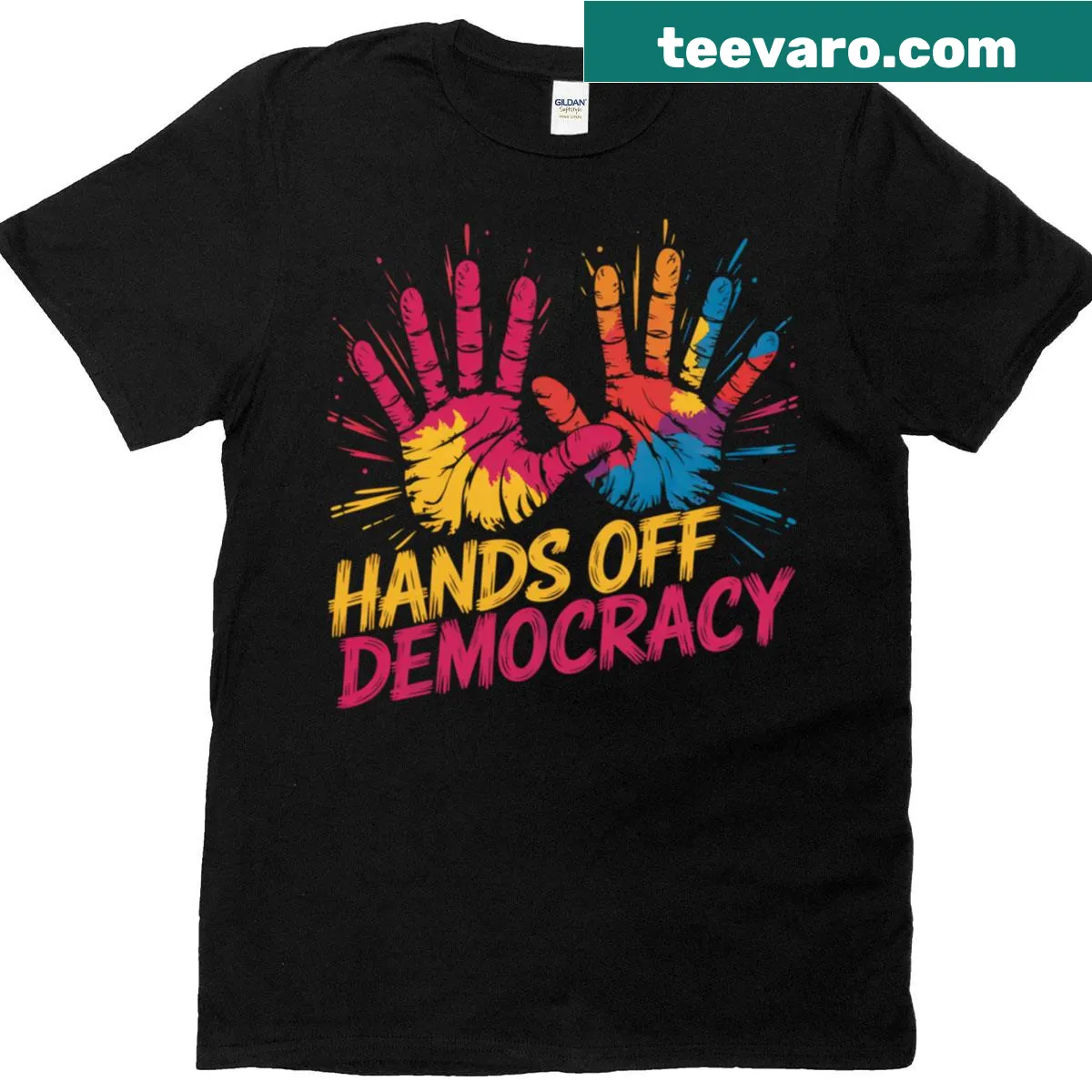 Bold text Hands Off Democracy T-shirt for civic engagement — on a men's t-shirt