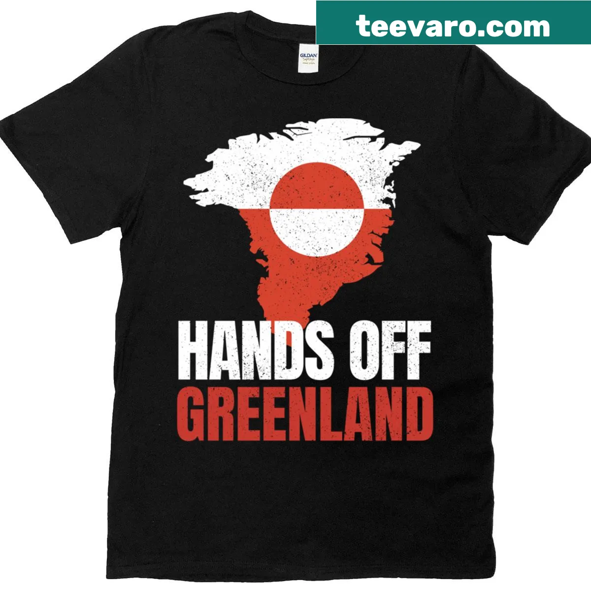 Bold graphic Hands Off Greenland statement t-shirt — on a men's t-shirt