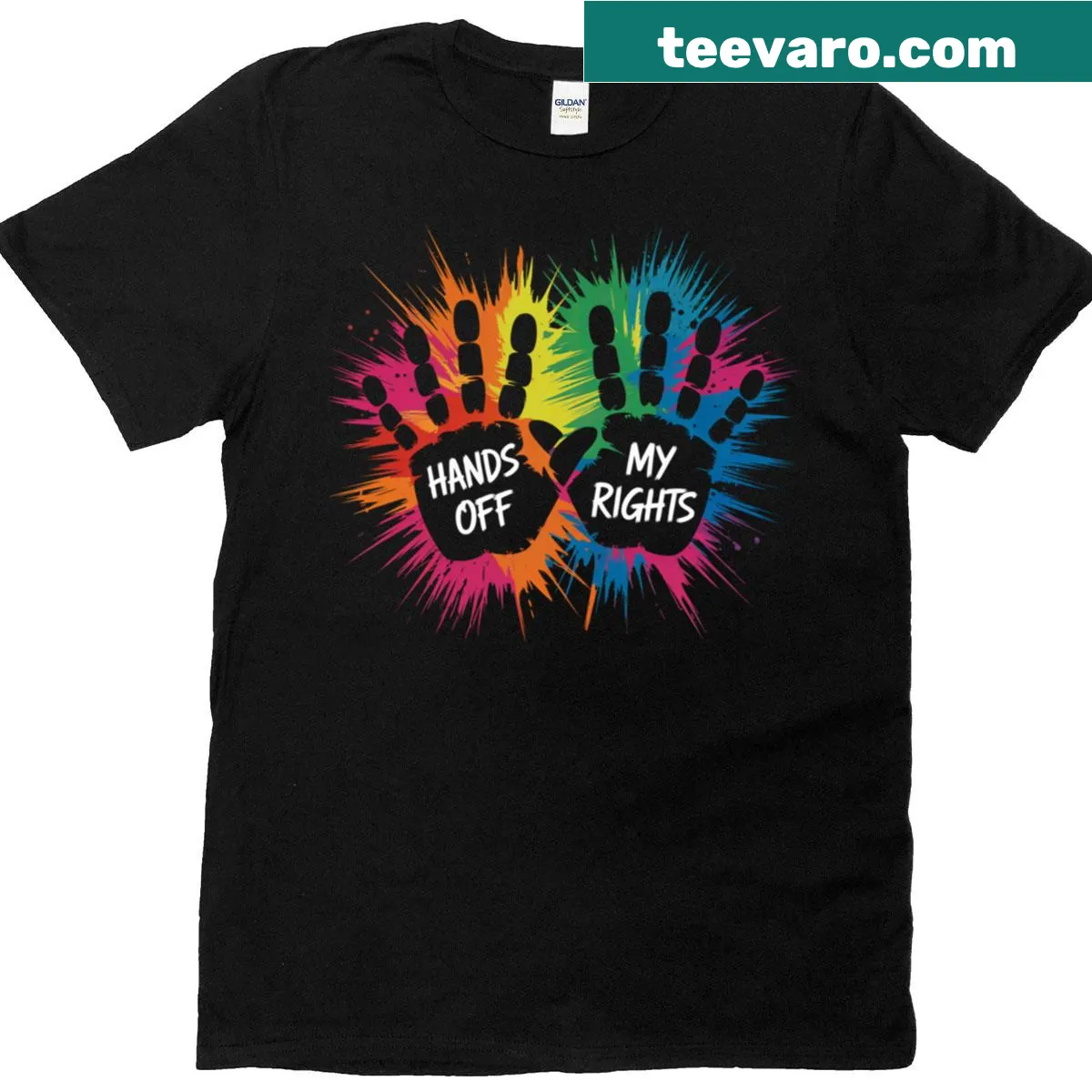 Hands Off My Rights T-shirt with bold text graphic — on a men's t-shirt