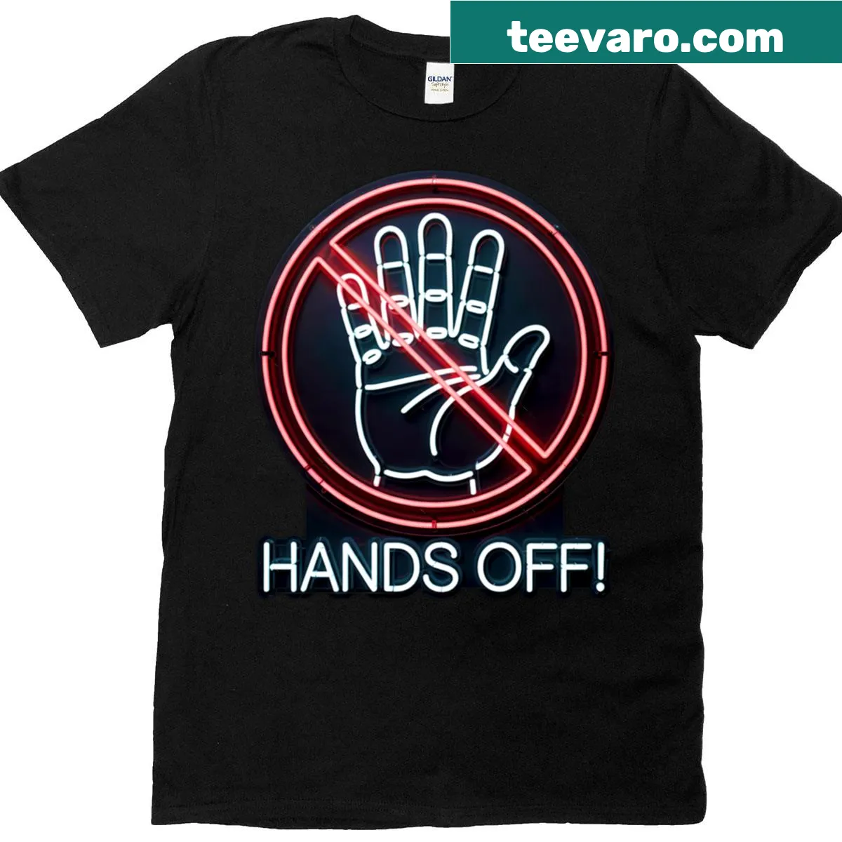 Hands Off Neon Art T-shirt with playful text design — on a men's t-shirt