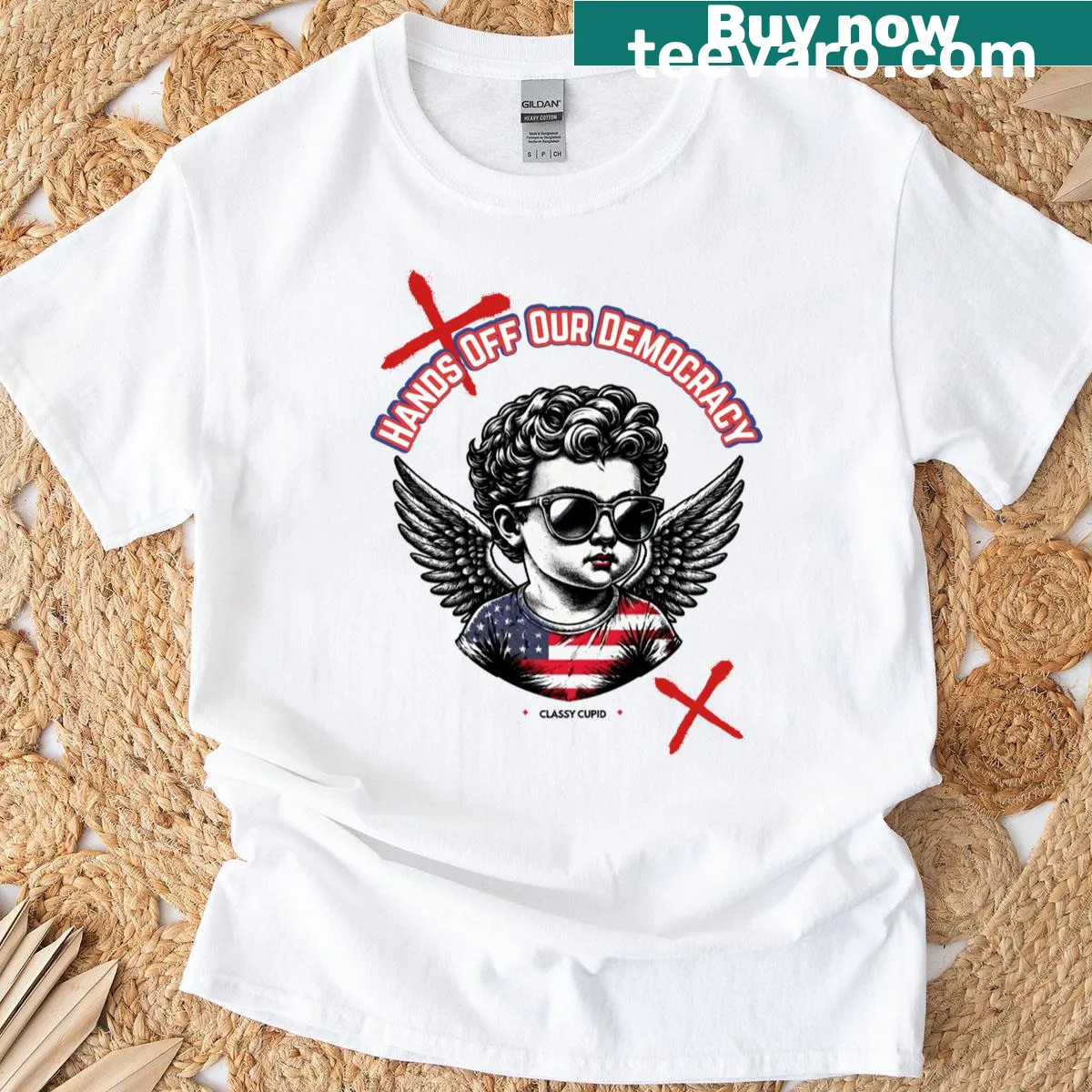 T-shirt with text 'Hands Off Our Democracy' alongside an artistic Cupid design — on a men's t-shirt