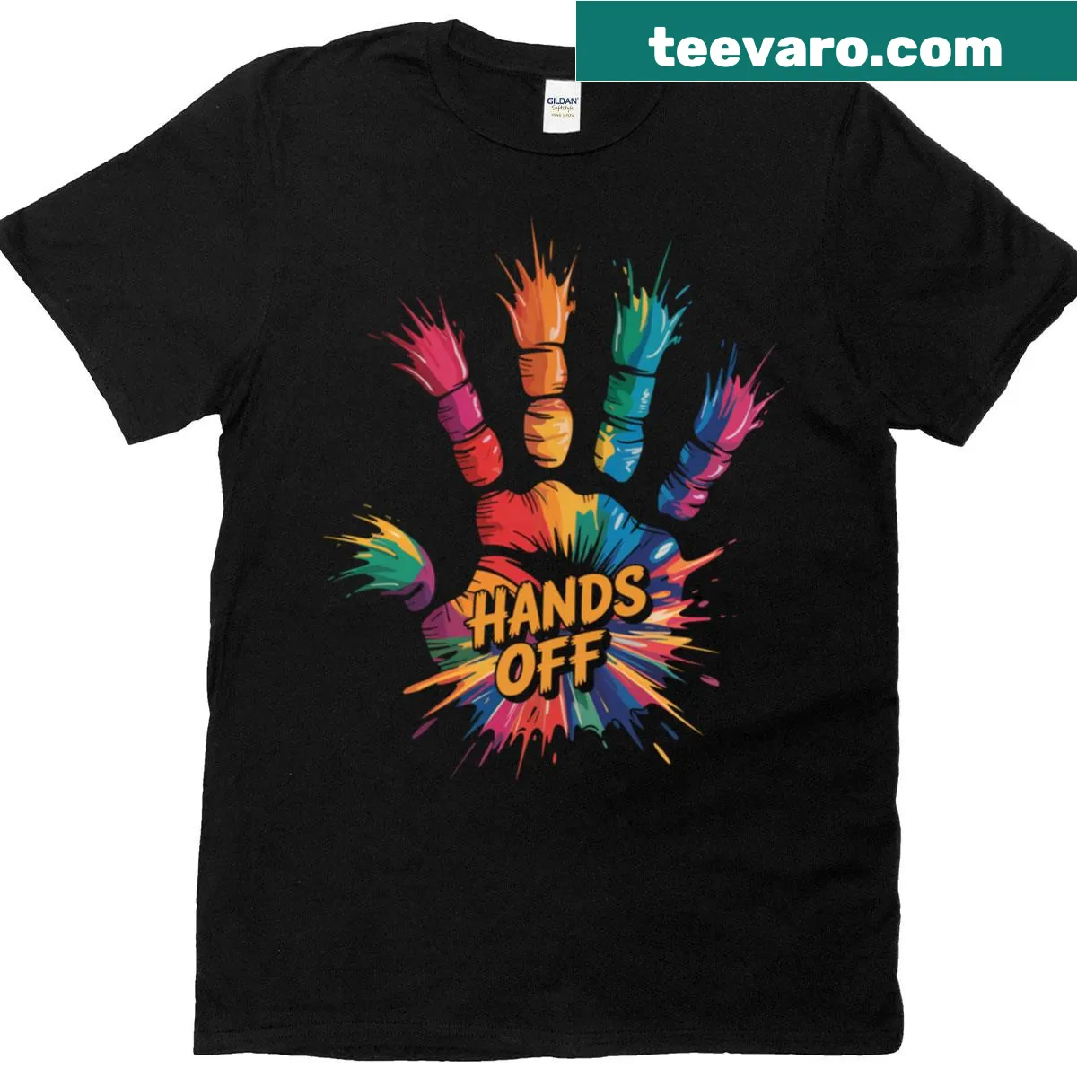Funny Hands Off Paint Print t-shirt with playful design — on a men's t-shirt