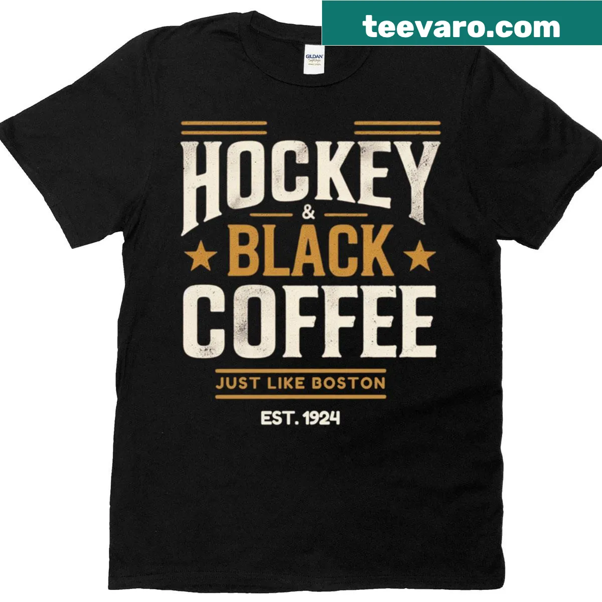 Distressed T-shirt inspired by Boston hockey and coffee culture — on a men's t-shirt