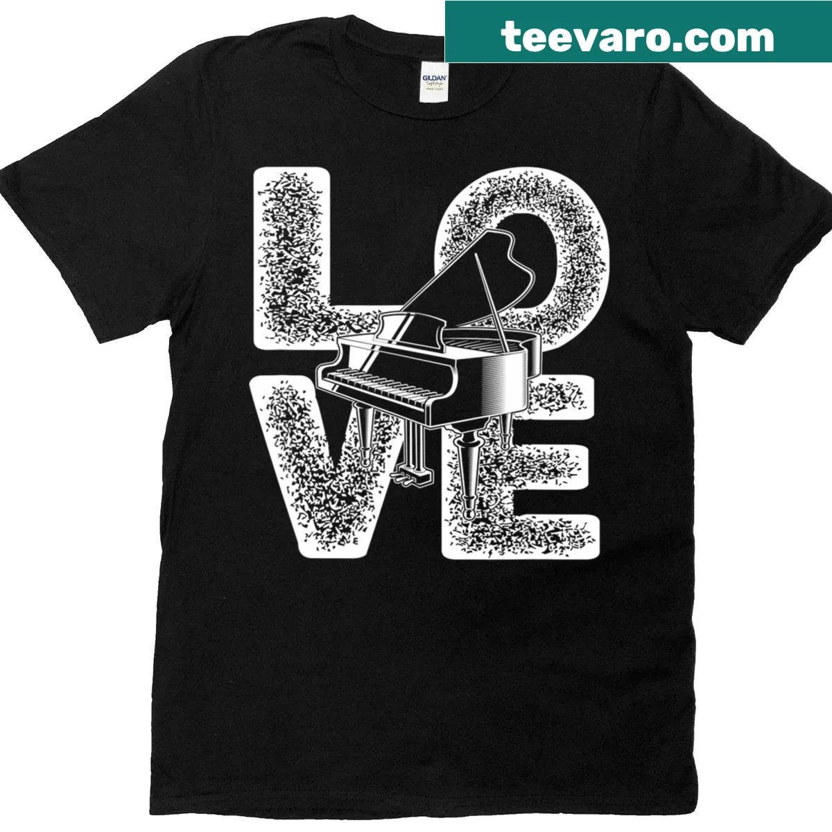 T-shirt celebrating piano music with a heartfelt phrase — on a men's t-shirt