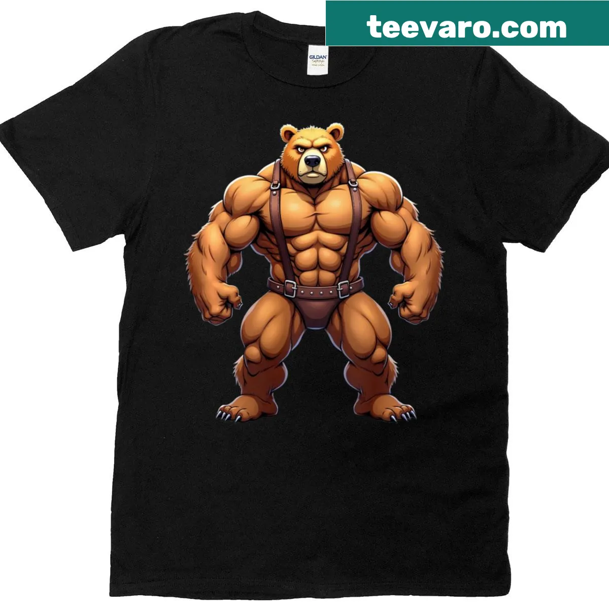Humorous cartoon bear t-shirt depicting a flexing Gay Daddy Bear — on a men's t-shirt
