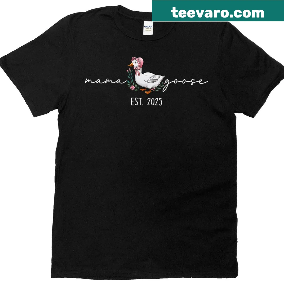 Meme-inspired duck design with text 'Mama Goose Est 2025' for Mother's Day — on a men's t-shirt