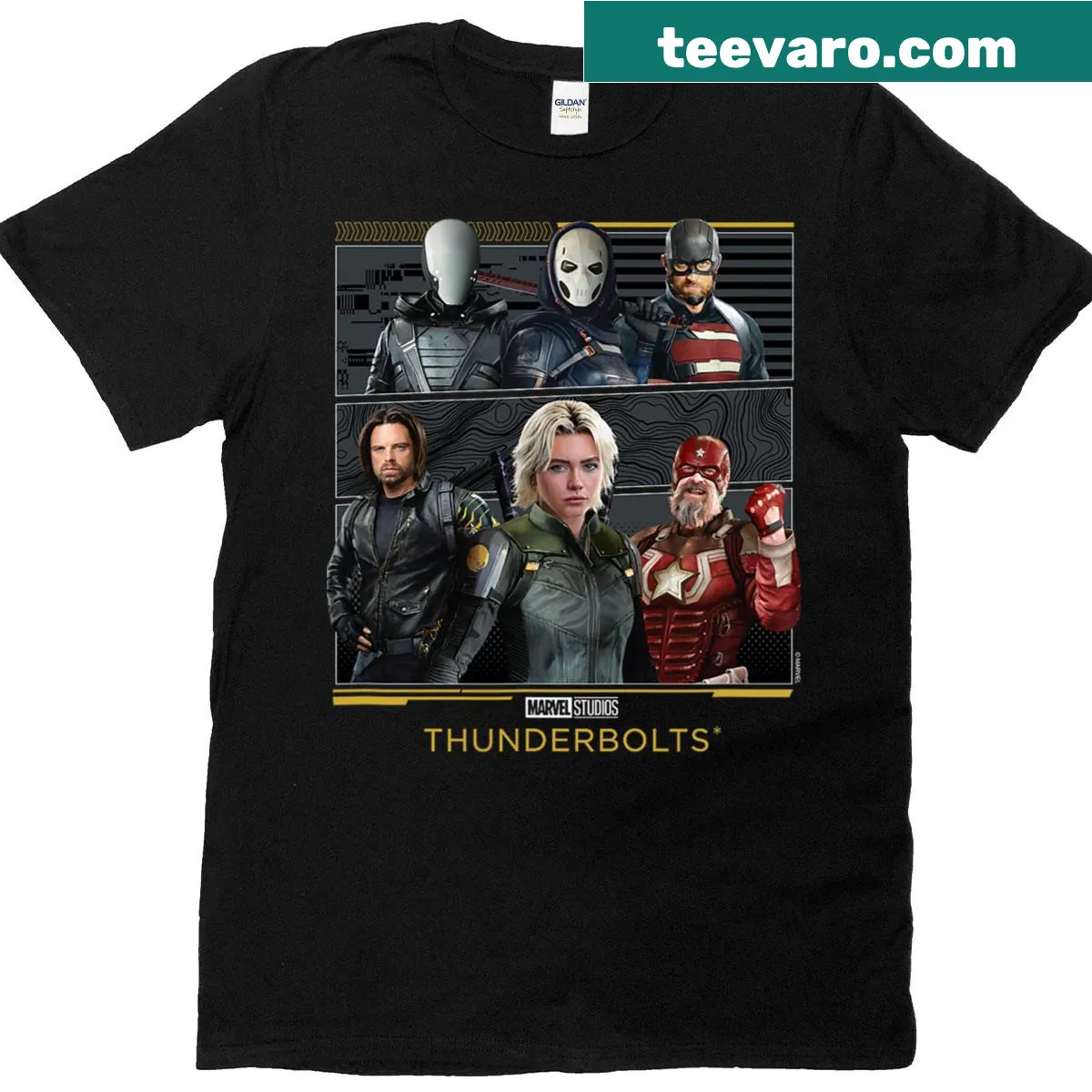 Character grid featuring Marvel's Thunderbolts on a t-shirt — on a men's t-shirt
