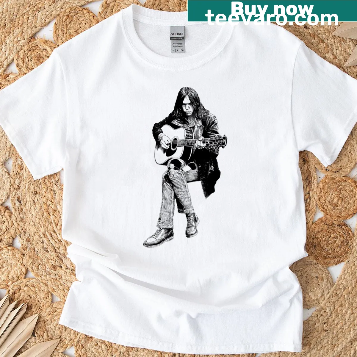 Classic illustration of Neil Young on T-shirt — on a men's t-shirt