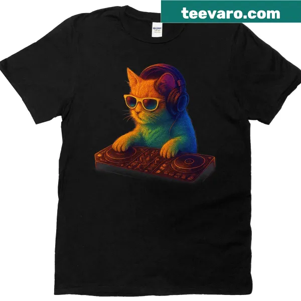 Meme-style cat DJ graphic on T-shirt, perfect for cat lovers.