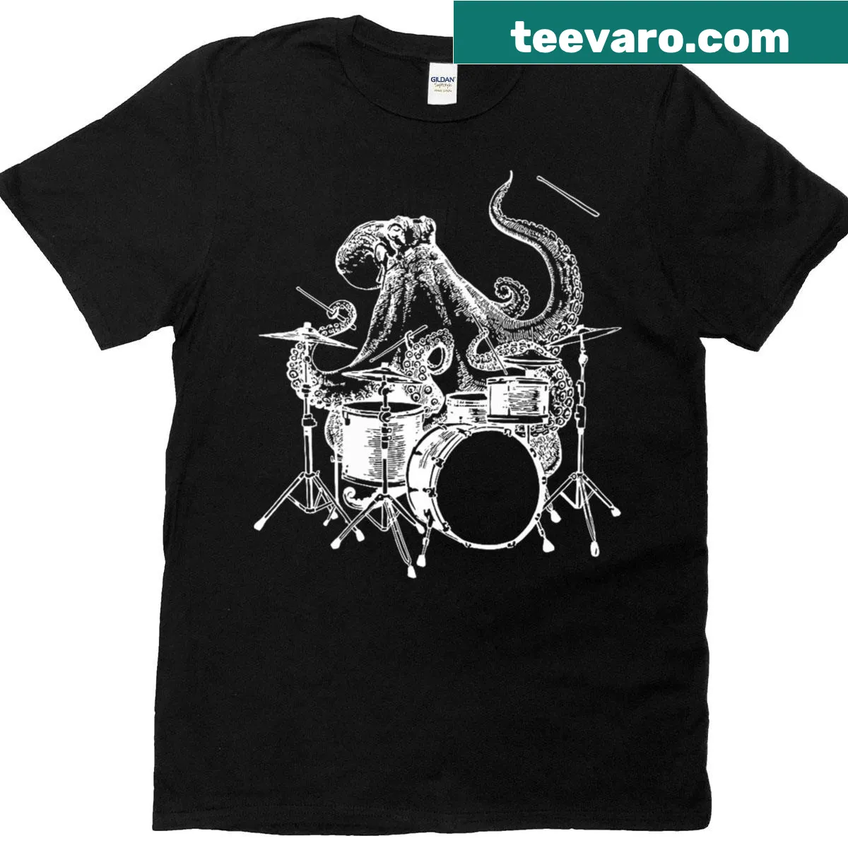 Cartoon octopus playing drums for a fun music-themed T-shirt — on a men's t-shirt