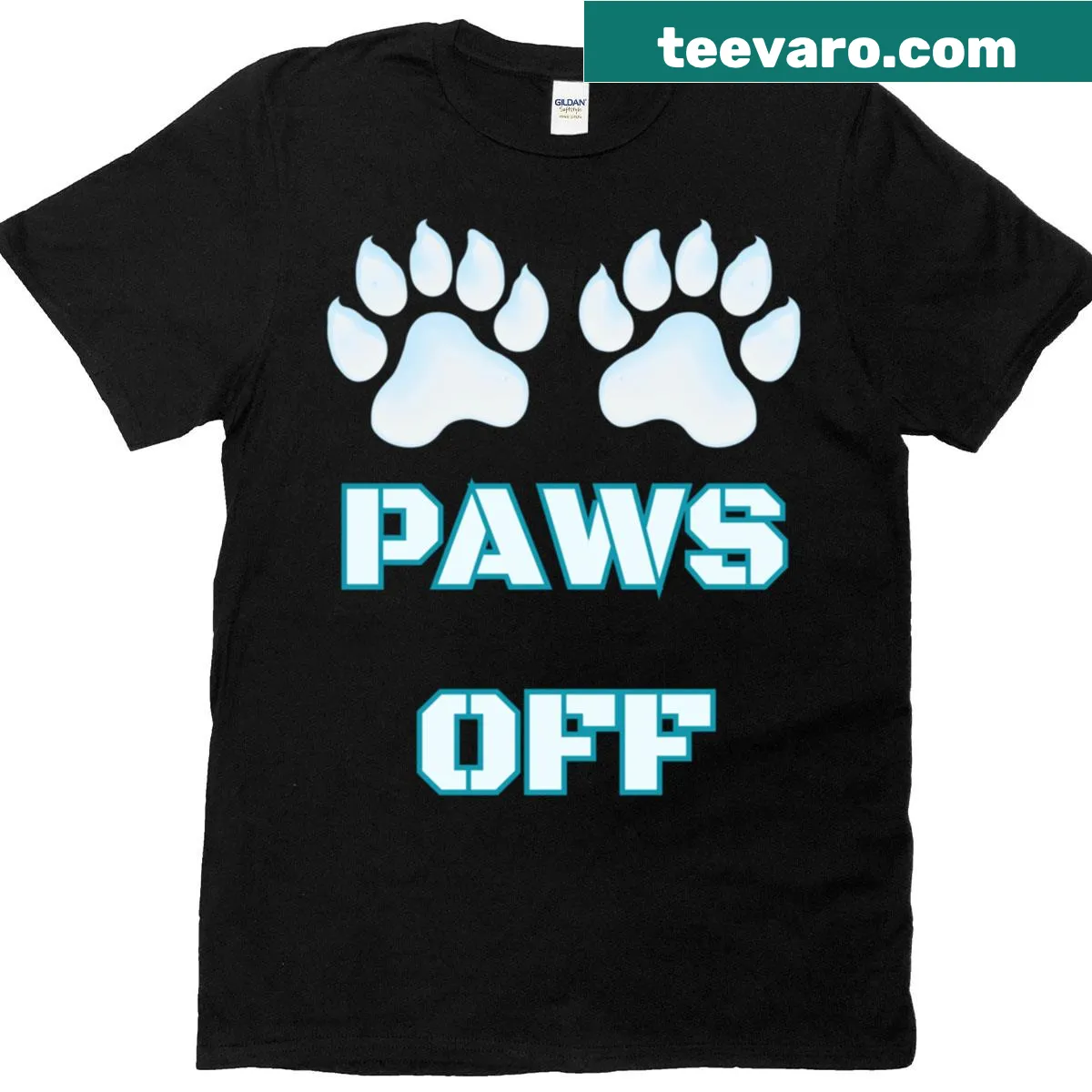 Funny 'Paws Off' graphic T-shirt for dog lovers — on a men's t-shirt