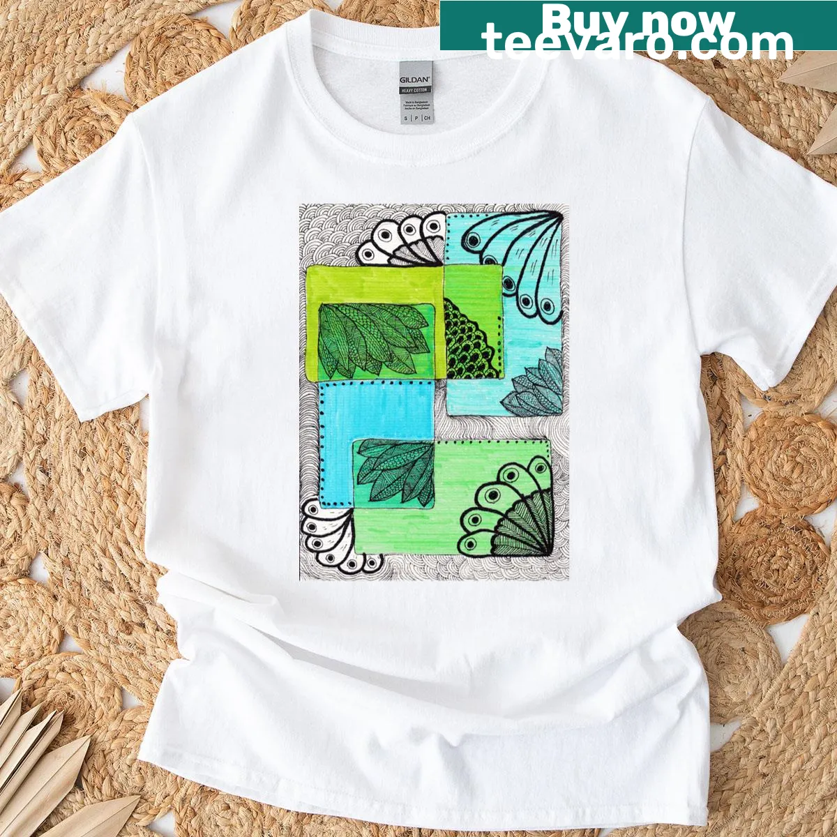 Hand-drawn doodle T-shirt featuring a whimsical peacock design — on a men's t-shirt