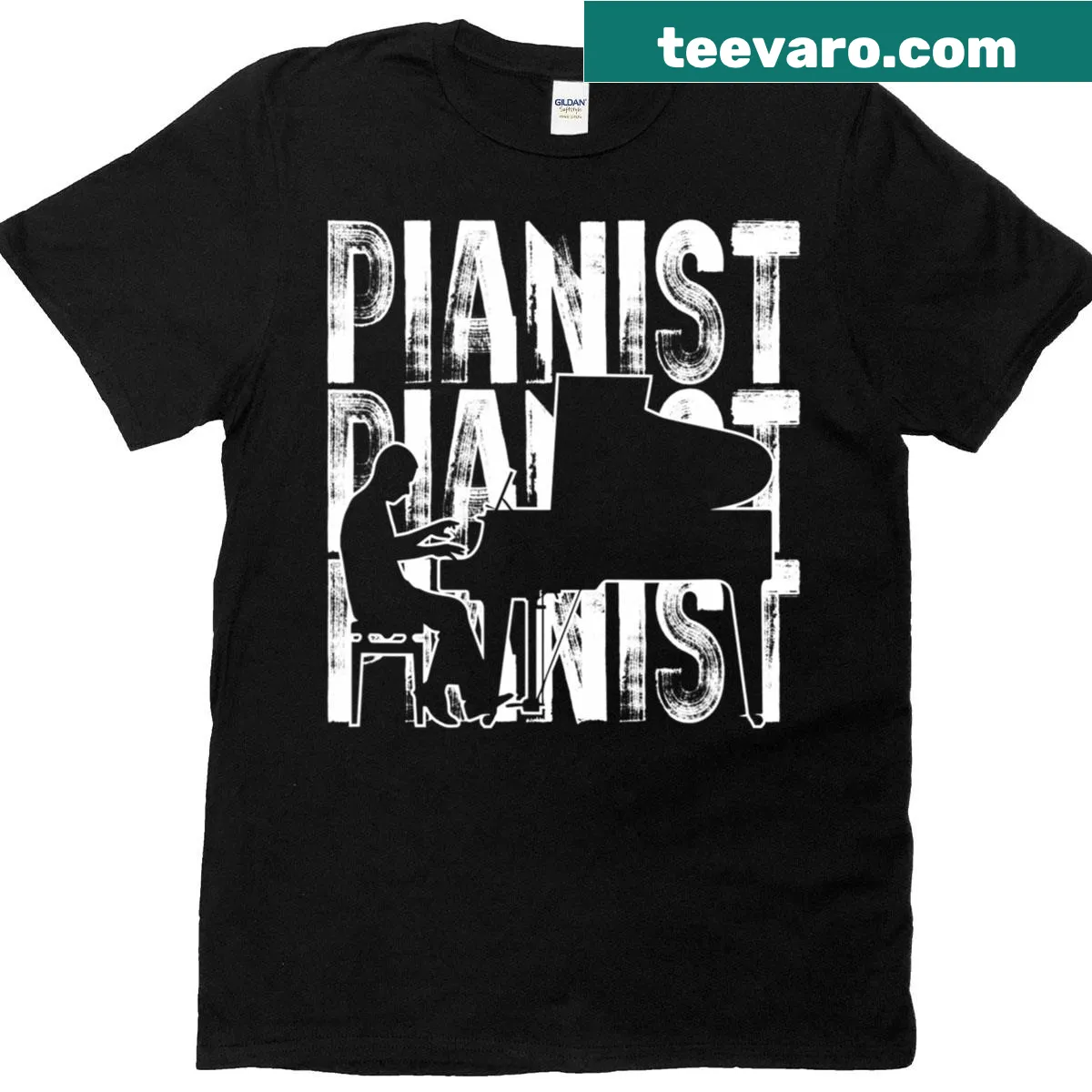 T-shirt featuring a word theme design celebrating piano music. — on a men's t-shirt