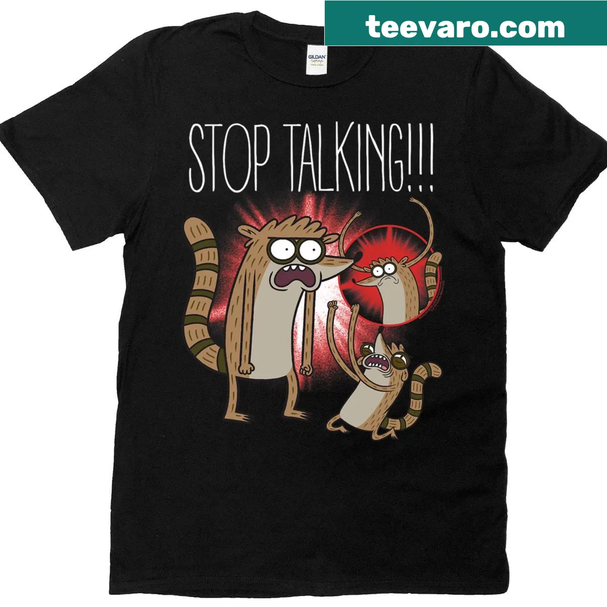 Cartoon graphic of Rigby saying 'Stop Talking' on a T-shirt — on a men's t-shirt