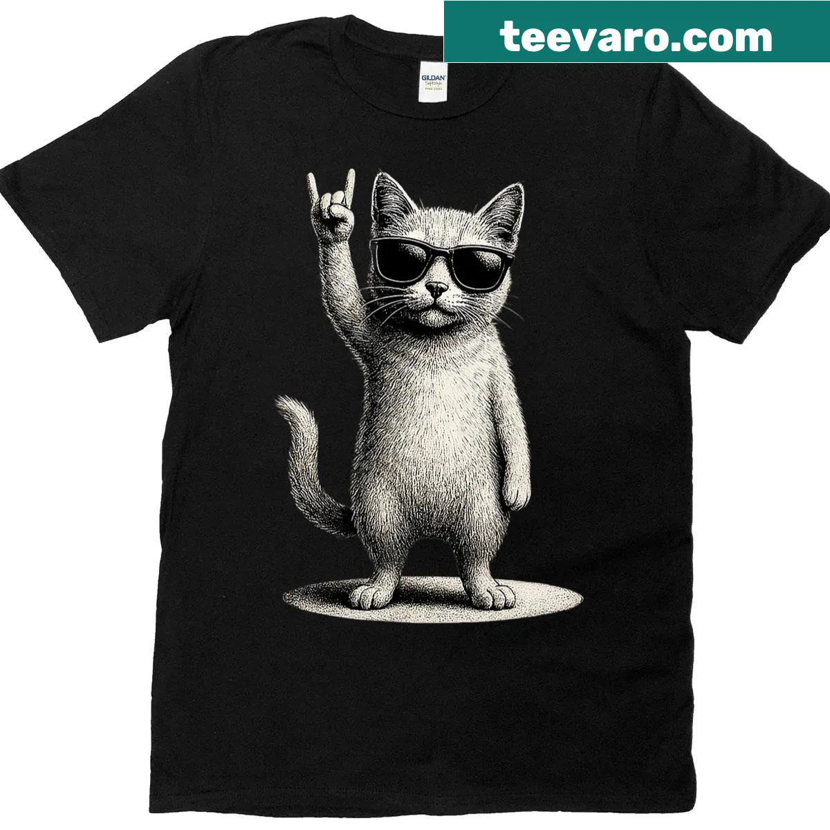 Funny retro cat rock music t-shirt with playful graphics — on a men's t-shirt