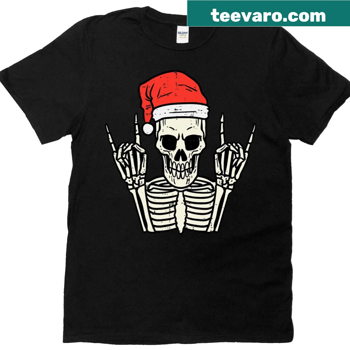 Skeleton Santa making rocker sign on Christmas t-shirt — on a men's t-shirt