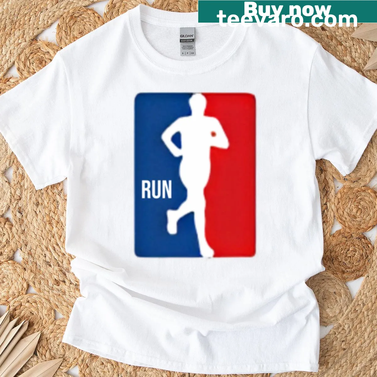 Silhouette graphic of a runner with basketball elements — on a men's t-shirt