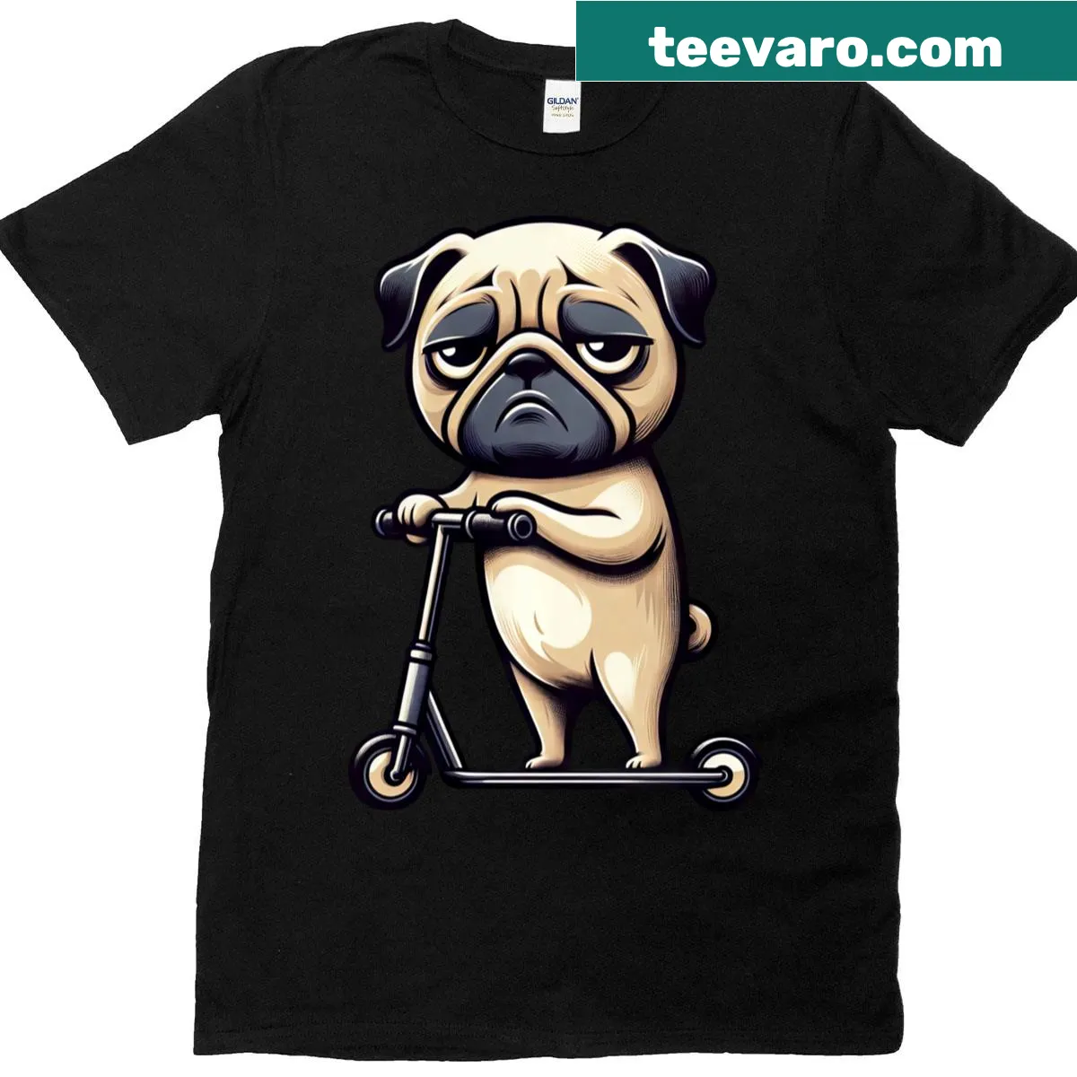 Cartoon of a sad pug riding a scooter on long sleeve T-shirt — on a men's t-shirt