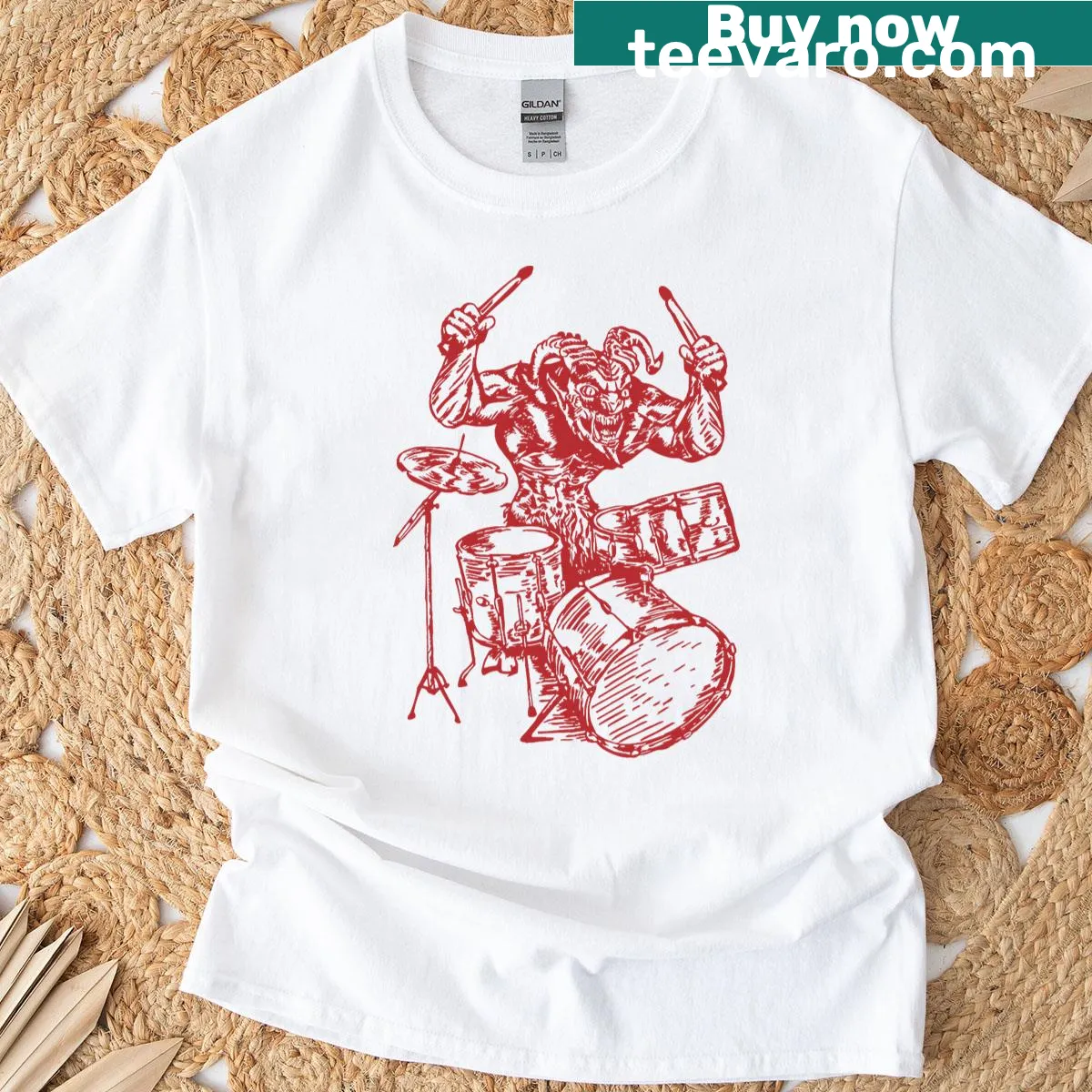 Devil playing drums graphic t-shirt for musicians and drummers — on a men's t-shirt