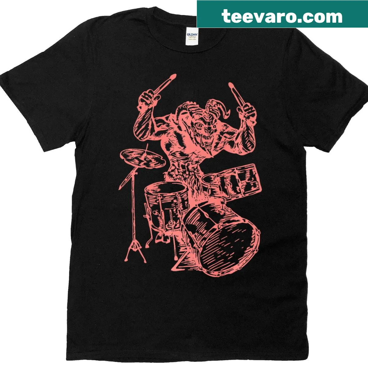 T-shirt featuring a devil playing drums graphic — on a men's t-shirt