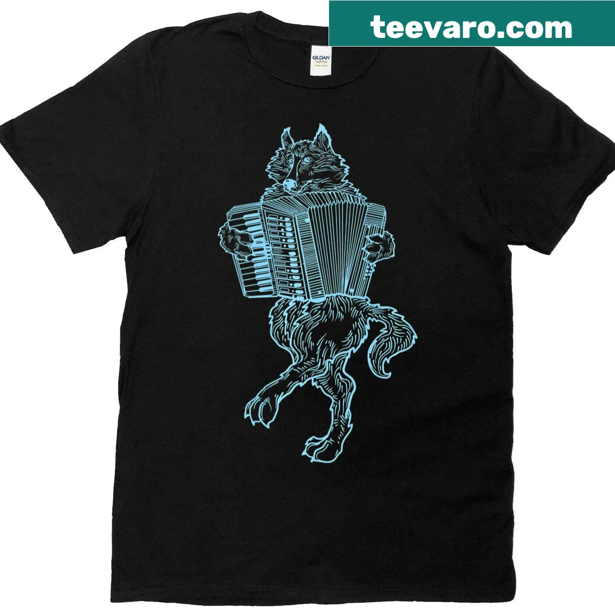 Graphic T-shirt of a wolf playing an accordion, emphasizing musical fun — on a men's t-shirt