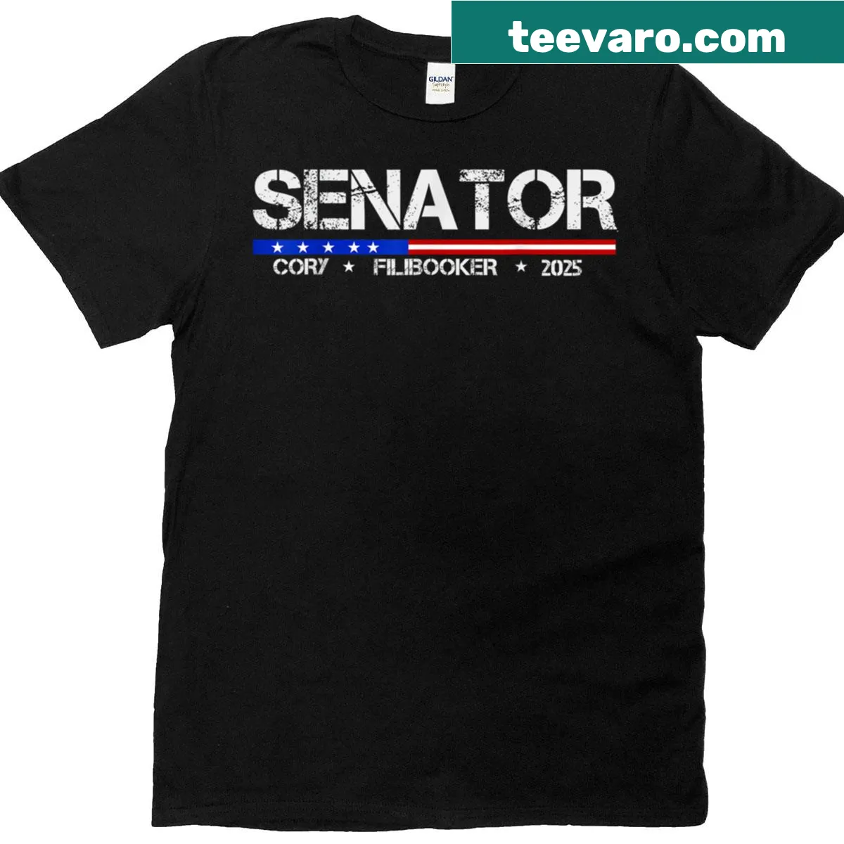 T-shirt featuring 'Filibooker' text related to Senator Cory Booker — on a men's t-shirt