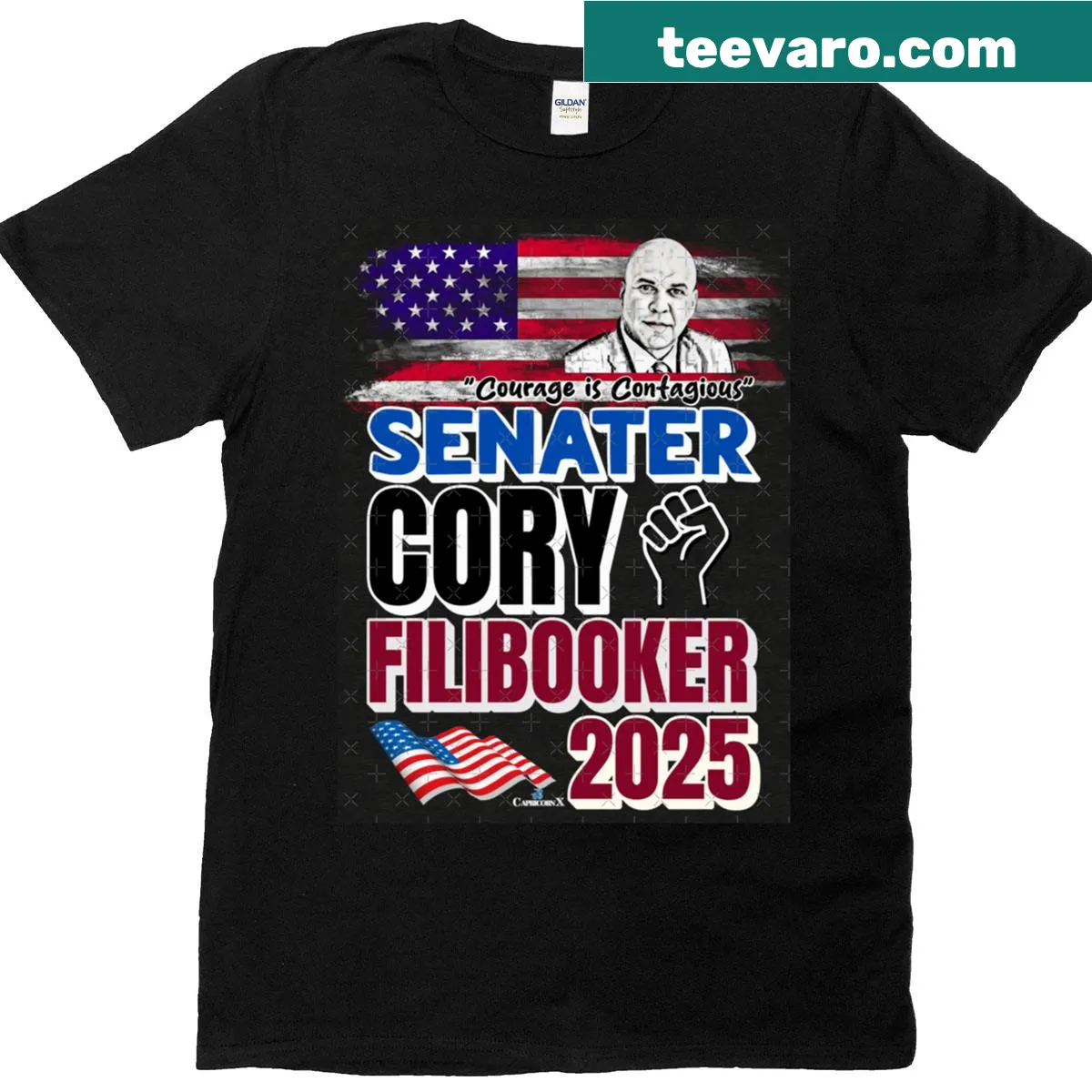Humorous T-shirt with Cory Booker filibuster pun — on a men's t-shirt