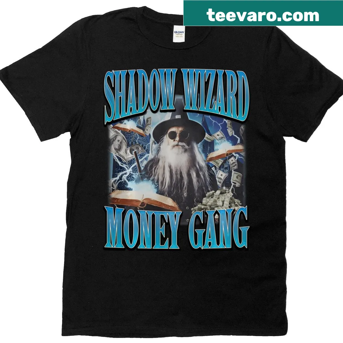 Long sleeve T-shirt with a cartoon graphic about Shadow Wizard Money Gang — on a men's t-shirt